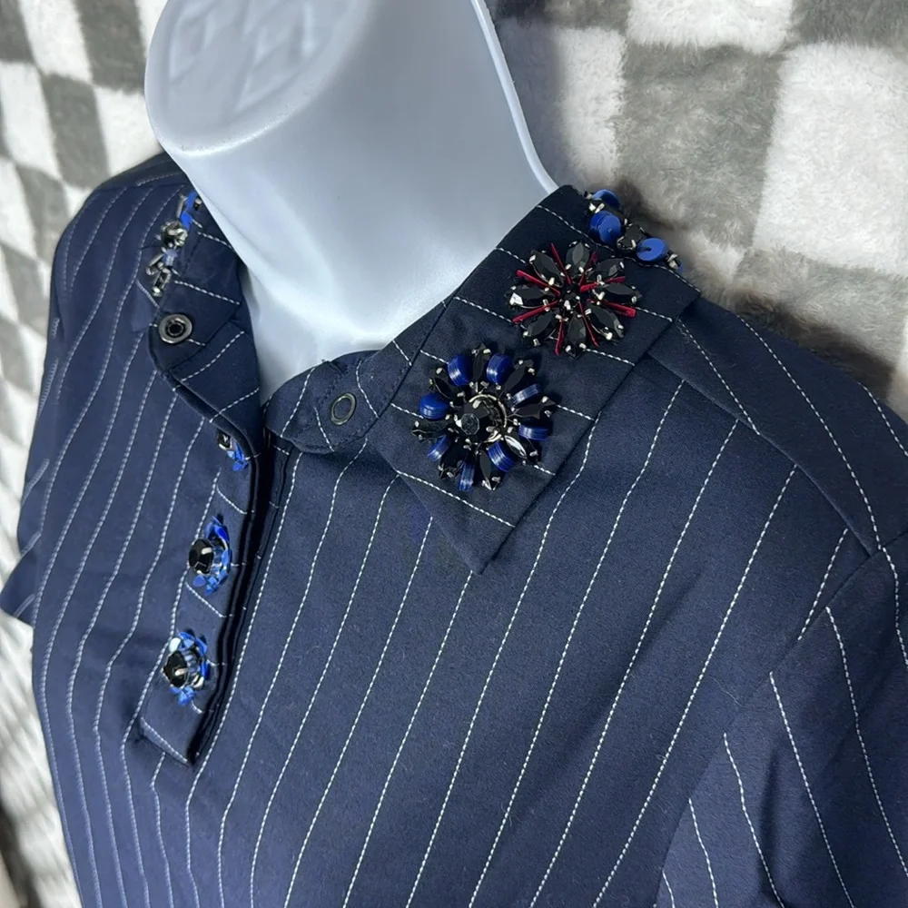 Banana Republic Pinstripe navy collared dress, rhinestone neckline pockets S - Picture 4 of 10